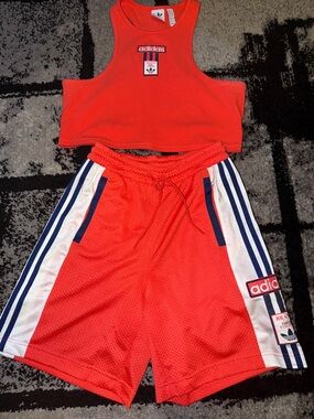 adidas Red Crop Tank and Athletic Shorts Set with Blue & White Stripes